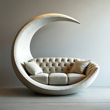 Modern crescent moon shaped sofa with tufted leather cushions and pillows