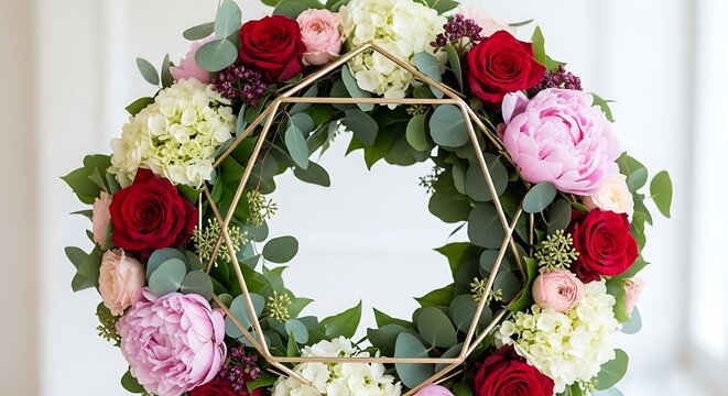 Elegant Bloom Geometry: A Lush Wreath of Rich Hues Bathed in Gentle Light