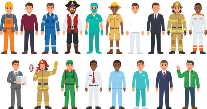 Diverse male occupations and characters flat vector illustration set featuring firefighter doctor businessman builder mechanic chef pirate worker nurse explorer and professional men