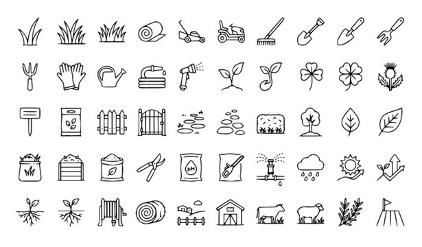 Grass Lawn and Garden Line Icon Set with Editable Stroke Vector Collection