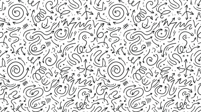 Arrow seamless pattern line art vector background with doodle loops spirals pointers abstract sketch textures wrapping paper elements,