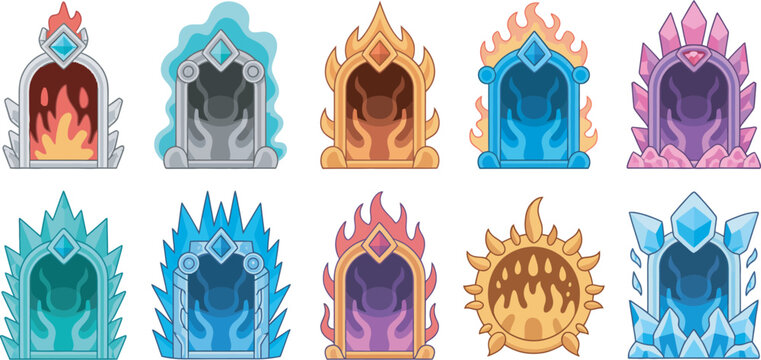 A collection of various fantasy game portal icons featuring magical gateways with elements of fire, ice, energy, and stone in a vibrant cartoon style for gaming user interface design.