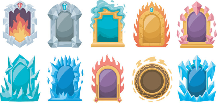 A collection of various fantasy game portal icons showcasing magical gateways powered by fire, ice, mystical energy, and ancient stone elements in colorful cartoon vector style.
