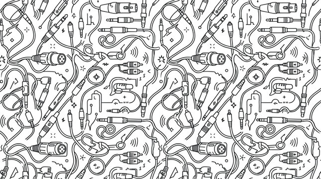 Audio cable seamless pattern vector background line art illustration with XLR jack RCA connector and sound wire texture