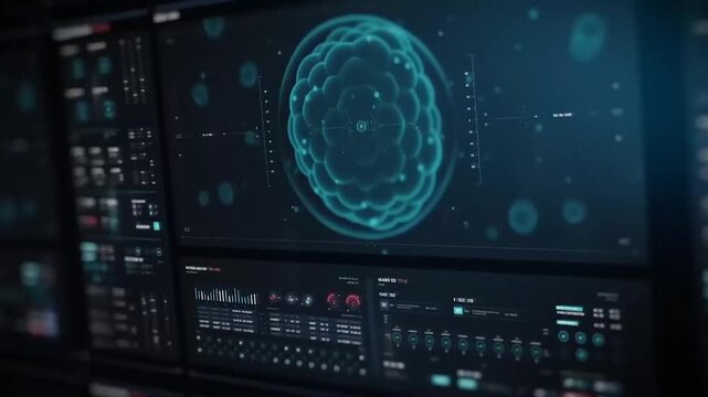 Futuristic Medical UI Dashboard with 3D DNA Helix Cell and Human Heart Hologram Animation, Science Tech HUD Interface Graphic for Healthcare Data Tracking