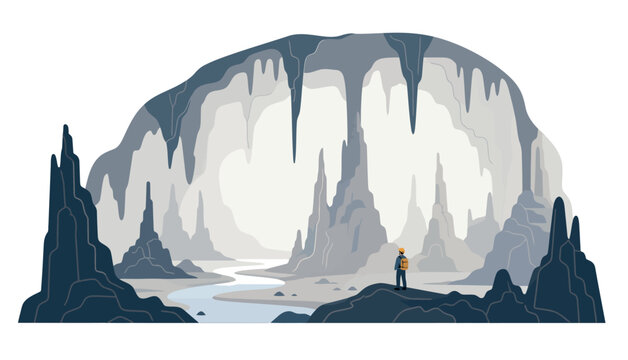Person standing in front cave.