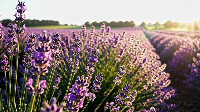 Field of blooming lavender flowers in rows at sunset with warm sunlight shining through, peaceful summer landscape