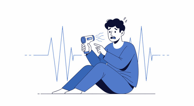Man with thermometer, worried about fever and health, with heartbeat line background.