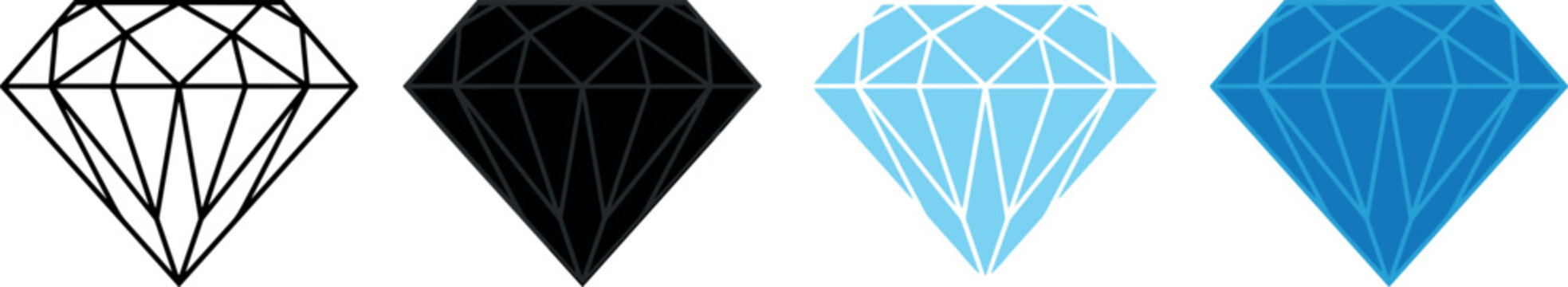 Diamond and Precious Gemstone Icon Set with Line Outline Solid Black and Blue Crystal Shapes for Luxury Branding Jewelry Logo Designs