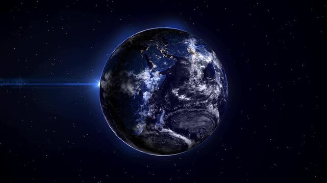 Planet Earth rotating in space at night showing continent city lights, global networking world map concept, realistic 3D animation loop background, view from starry galaxy