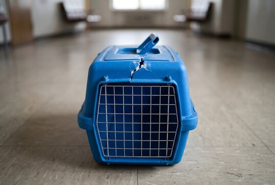 Blue hard plastic pet carrier with a dangerously cracked top handle base