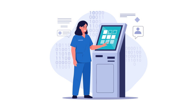 Nurse interacting with digital kiosk, showcasing healthcare technology and patient self-service with binary code background.