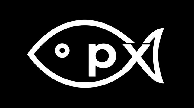 Minimalist black and white graphic design featuring an abstract fish outline with 'px' letters and dot inside, modern digital symbol.