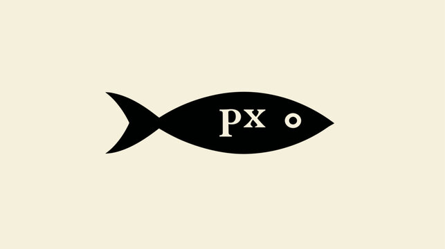 Conceptual black fish icon with 'px' text and eye on a light beige background, symbolizing pixels, digital art, or photography