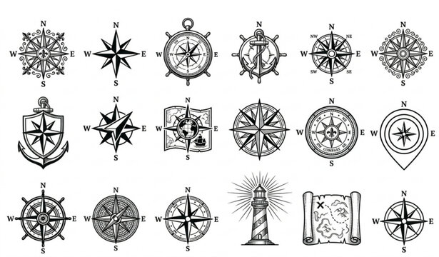 Vintage Compass Icon and Wind Rose Vector Collection with Decorative Nautical Symbols