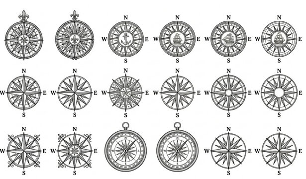 Vintage Wind Rose Compass Vector Set with Nautical Navigation and Cartography Symbols