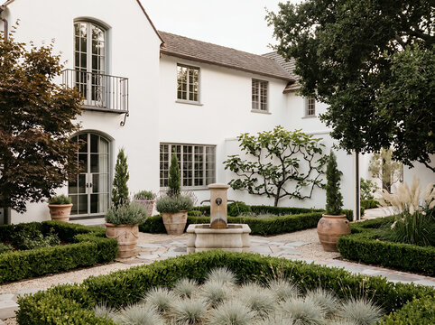 White mediterranean villa courtyard with fountain and topiary gardens architecture