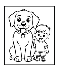 A happy cartoon boy and a friendly dog sitting together in a simple line black and white outline coloring book page in white background
