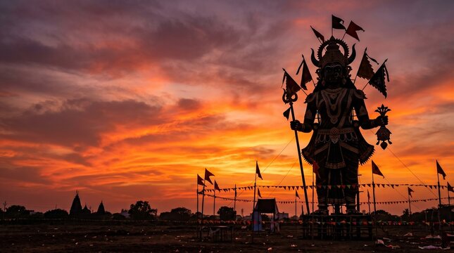 Marbat Festival, giant symbolic festival effigy silhouette with dramatic sunset lighting and traditional decorative elements