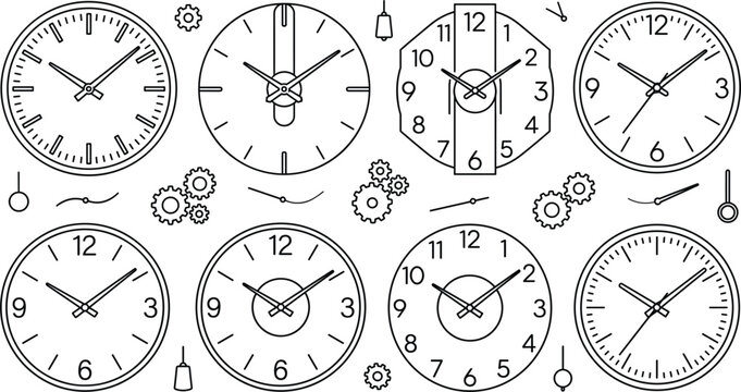 Clock and watch vector illustration set line art drawing with wall clocks dials timepieces mechanism gears and hands