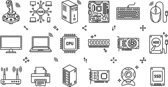 Computer hardware line icon set featuring motherboard processor graphics card ram server pc keyboard mouse router ssd webcam.