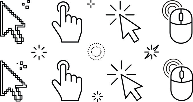 Computer cursor arrow and click vector illustration set line art drawing with pixel pointer hand and mouse icons