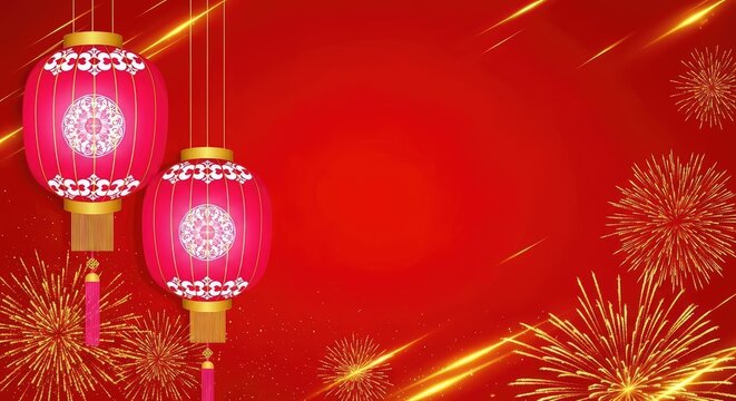 Red chinese lanterns with fireworks on red background red lanterns hanging lanterns