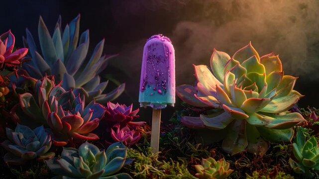 A popsicle on a stick amid an arrangement of vibrant succulents, with smoke