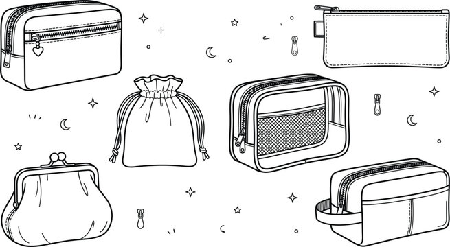 Cosmetic pouch and makeup bag vector icon set featuring zipper cases drawstring sack purse and travel organizer elements