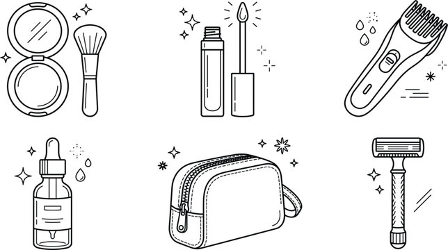 Cosmetics beauty line art vector set with makeup brush compact powder lip gloss trimmer serum bottle razor bag elements,