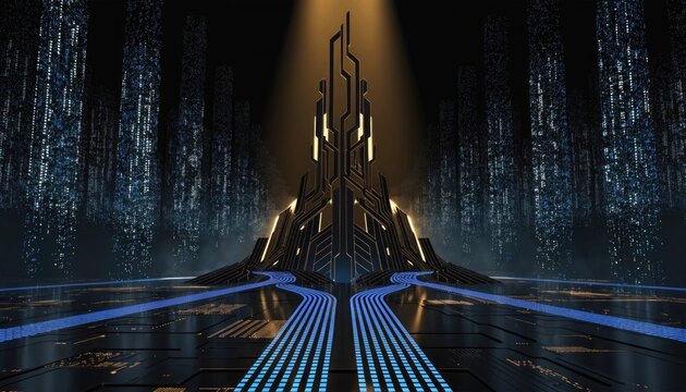 Futuristic digital temple with blue and gold lights