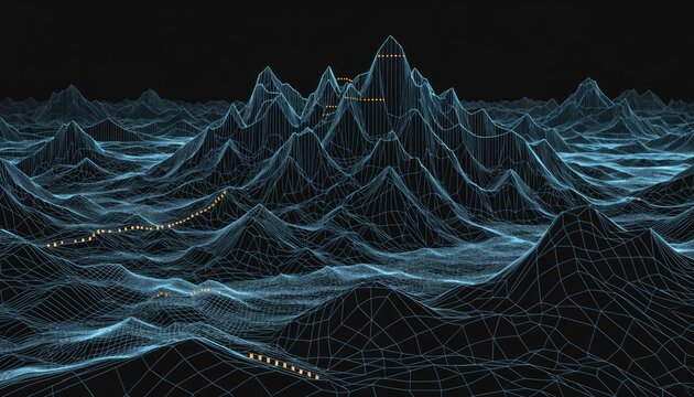 Blue wireframe mountain landscape with yellow dots on black background