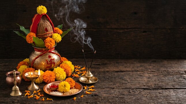 Mahalaya Amavasya, ritual kalash, marigold flowers and incense smoke arranged on dark textured background