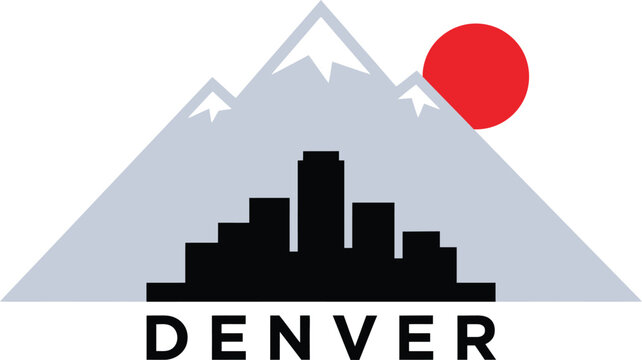 Denver city logo design with skyline silhouette, snow capped mountains, red sun, and bold DENVER COLORADO typography identity concept system