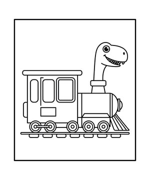 Dinosaur head emerging from a steam train engine on tracks steam engine locomotive coloring book page in white background
