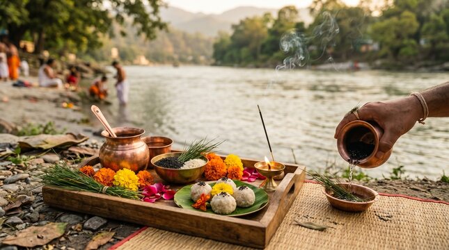 Pitru Paksha Tarpan, ritual offering tray with black sesame seeds, flowers, incense smoke and sacred water vessel