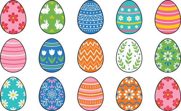 Colorful Easter eggs vector illustration set featuring decorative spring patterns with flowers cute bunnies geometric lines stripes zigzags dots and festive holiday designs