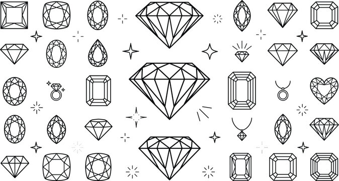 Diamond gemstone shapes vector illustration set line art drawing with brilliant round emerald princess marquise and heart cuts