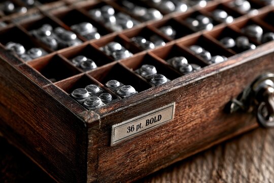 Vintage wooden letterpress type case with metal lead letters