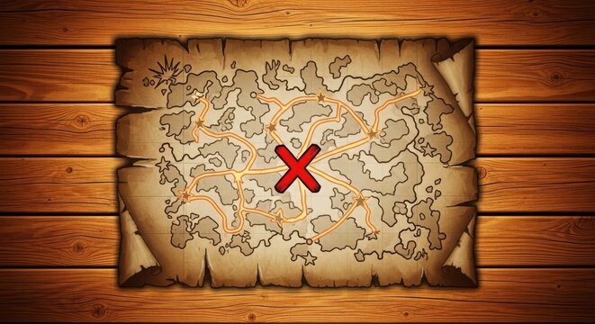 Old treasure map with a red x mark on a wooden background
