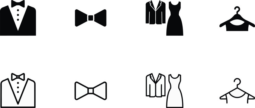 Fashion apparel icons set, tuxedo bow tie dress and hanger symbols vector artwork design package