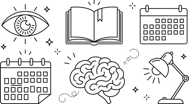 Education and memory vector illustration set line art drawing with open book brain calendar eye and desk lamp