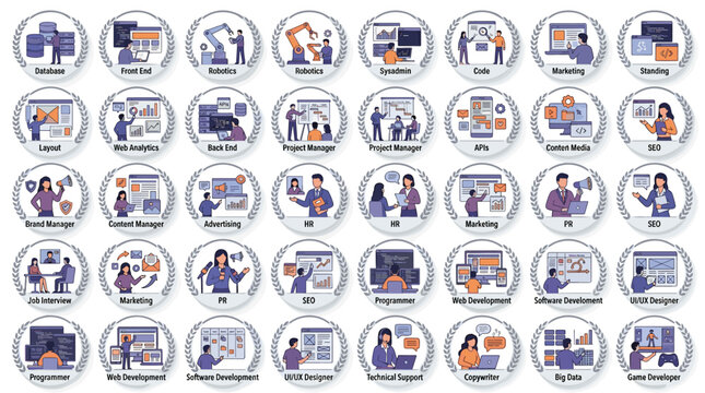 Technology business profession vector icons set with corporate office roles programmer robotics marketing seo and development round badges isolated on white background