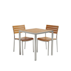 Fototapeta premium Modern teak wood and brushed stainless steel outdoor bistro table set with two minimalist chairs on a transparent background, sophisticated furniture display