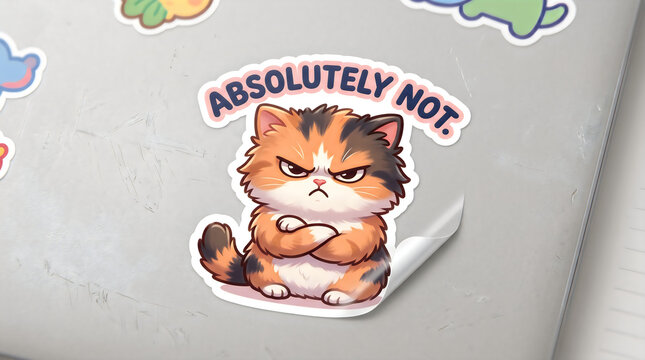 Sticker of an annoyed calico cat with arms crossed saying absolutely not