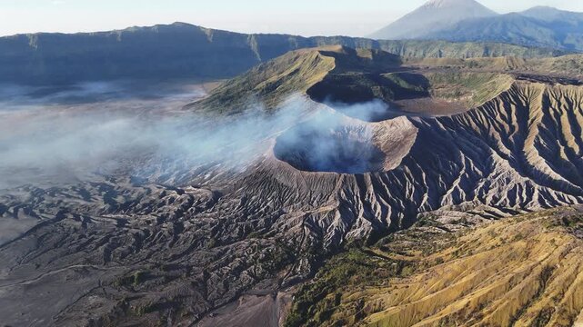 Aerial view of Mt.Bromo crater in Bromo Tengger Semeru National Park located in East Java of Indonesia. Mount Bromo is the most unique volcano in Indonesia's ring of fire. Dominated by Tengger tribes.