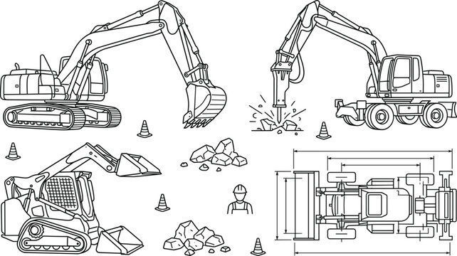 Excavator heavy machinery line art vector set with hydraulic breaker skid steer loader construction blueprint industrial equipment elements,