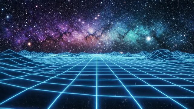 Retrofuturistic digital landscape with glowing blue grid extending into a vibrant starry galaxy and nebula, synthwave aesthetic, cyberspace journey