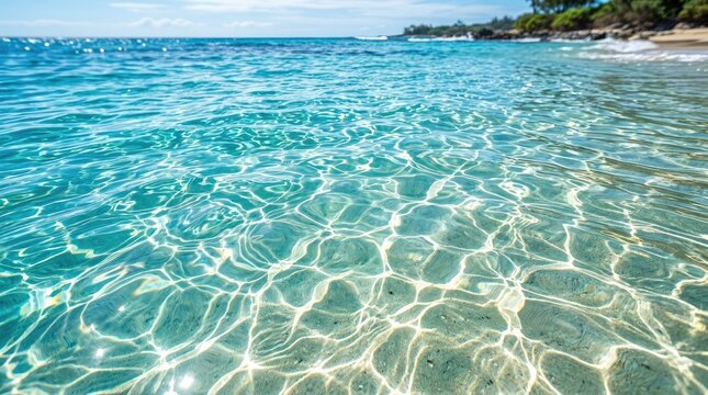 Sunlight glitters across the turquoise water of a tropical beach. Waves gently roll onto a sandy shore, creating a sparkling, textured surface.