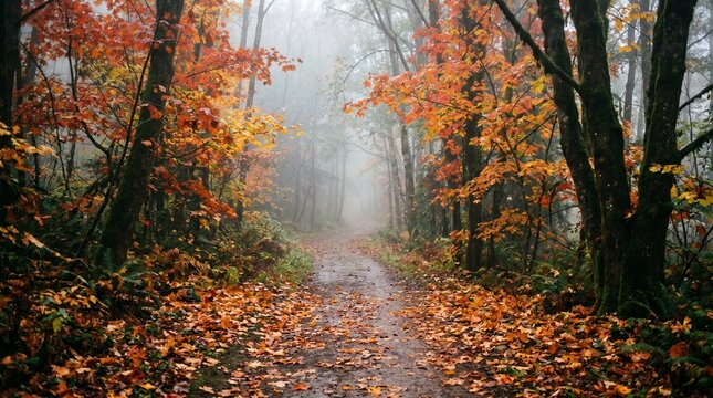 Beautiful path in a foggy autumn forest with golden leaves on the ground during a moody fall morning in the woods